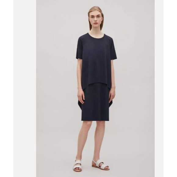 COS Navy Blue short sleeve circle cut tee shirt dress stretch maxi Size small - Picture 1 of 9